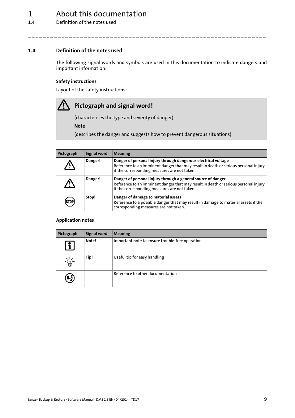 4 definition of the notes used, 1about this documentation | Lenze Backup & Restore Data saving and restoring User Manual | Page 9 / 43