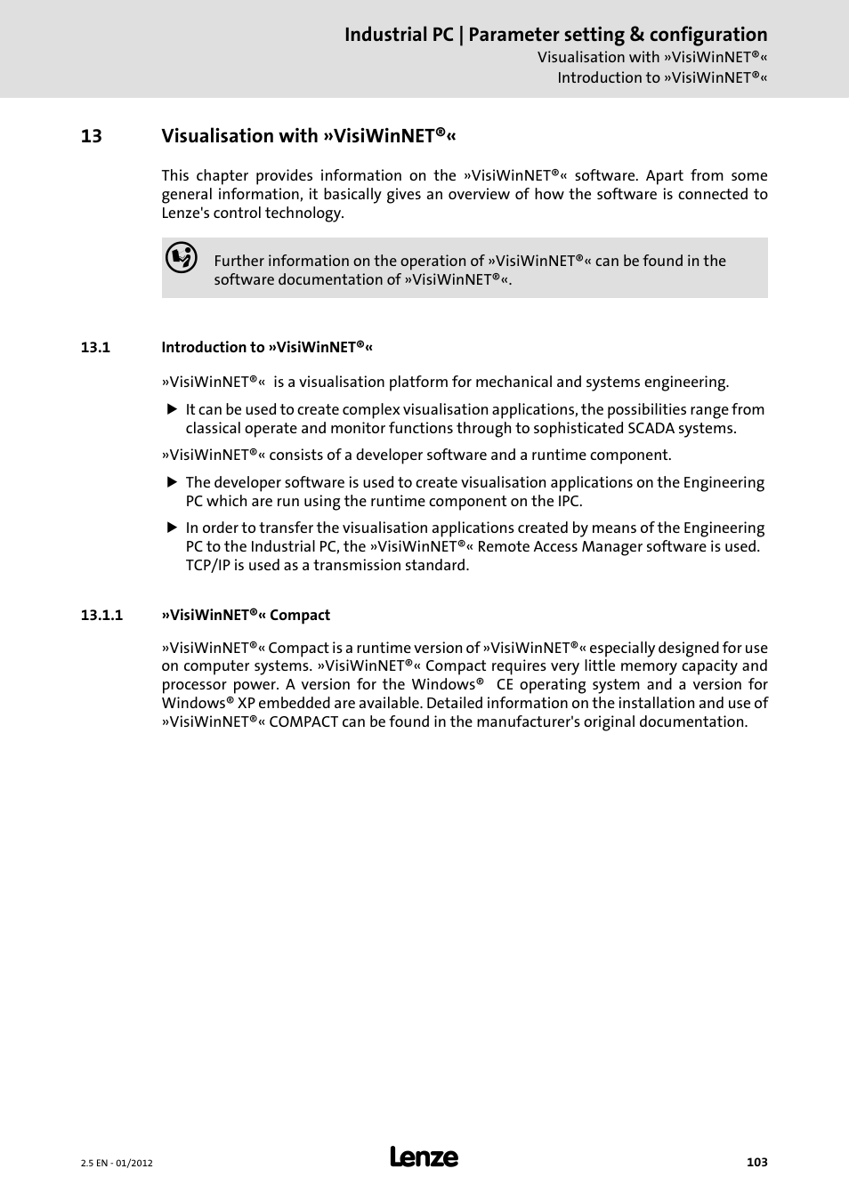 13 visualisation with »visiwinnet, 1 introduction to »visiwinnet, 1 »visiwinnet®« compact | Lenze PC-based Automation Industrial PC User Manual | Page 103 / 226