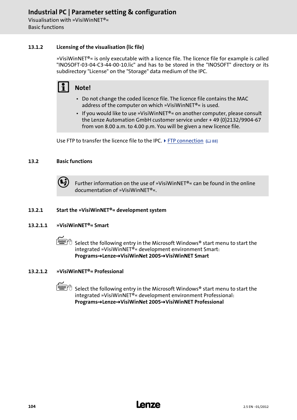 2 licensing of the visualisation (lic file), 2 basic functions, 1 start the »visiwinnet®« development system | 1 »visiwinnet®« smart, 2 »visiwinnet®« professional | Lenze PC-based Automation Industrial PC User Manual | Page 104 / 226