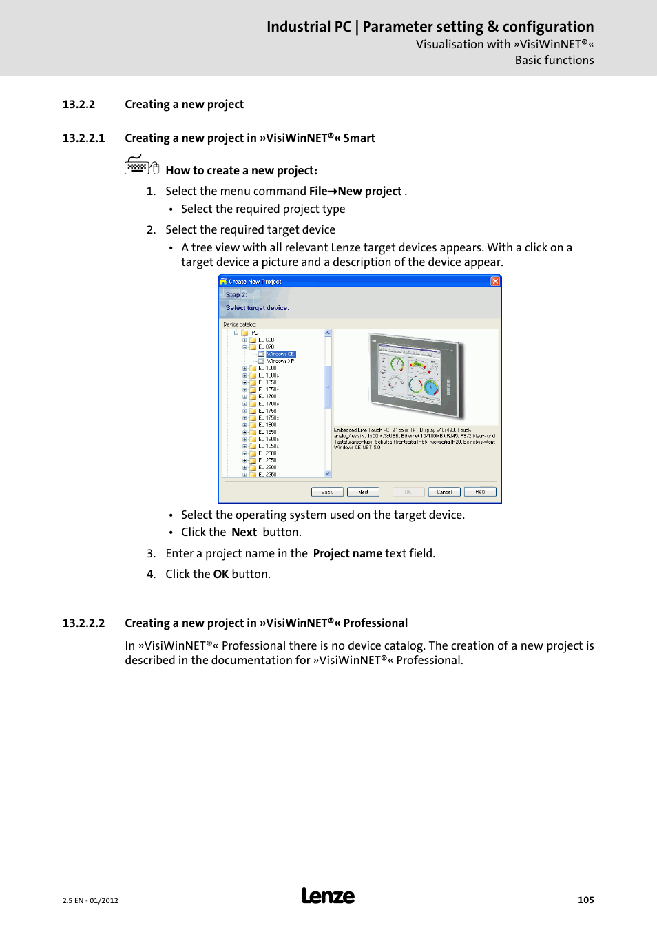 2 creating a new project, 1 creating a new project in »visiwinnet®« smart | Lenze PC-based Automation Industrial PC User Manual | Page 105 / 226