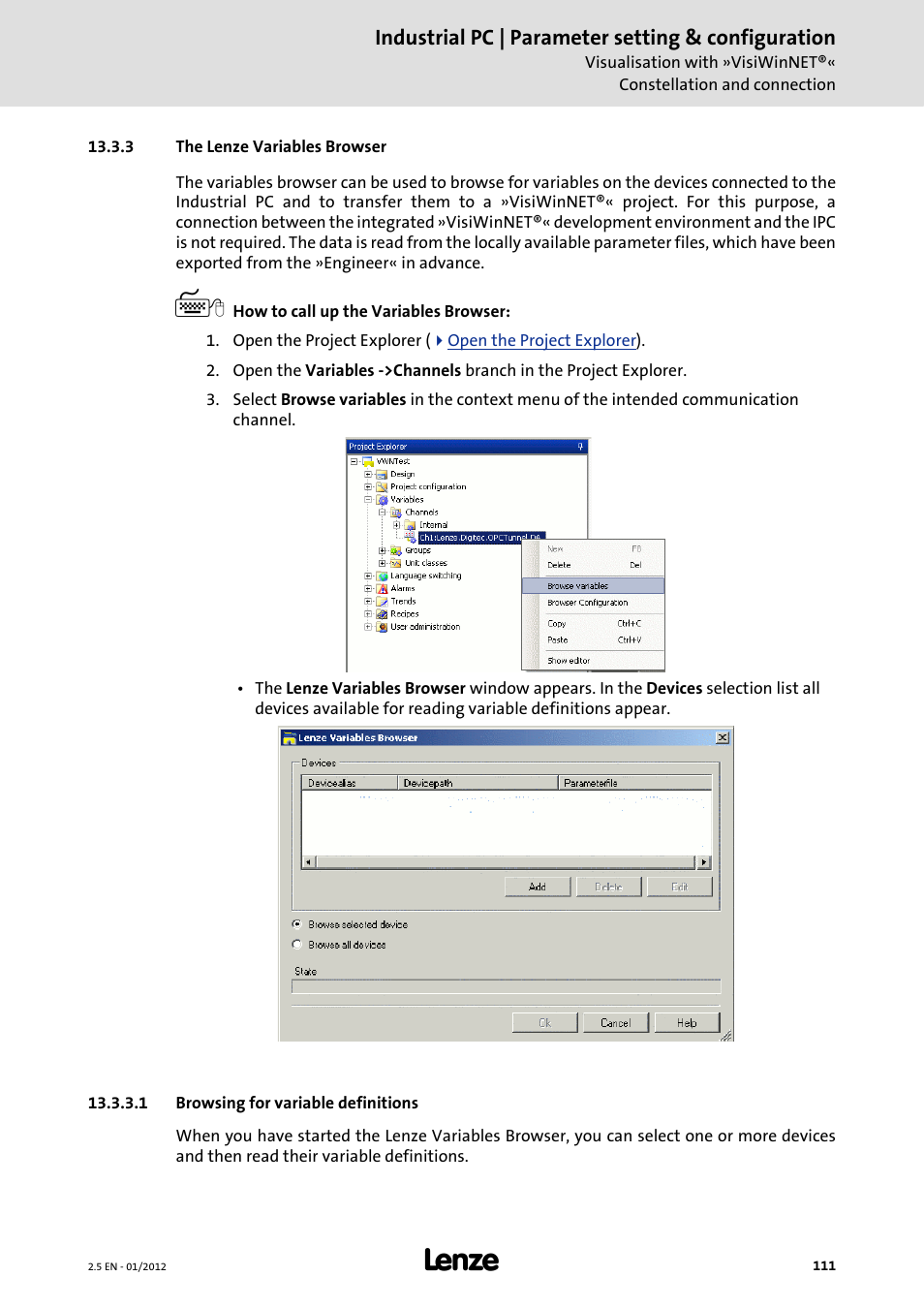 3 the lenze variables browser, 1 browsing for variable definitions, The lenze variables browser | Lenze PC-based Automation Industrial PC User Manual | Page 111 / 226