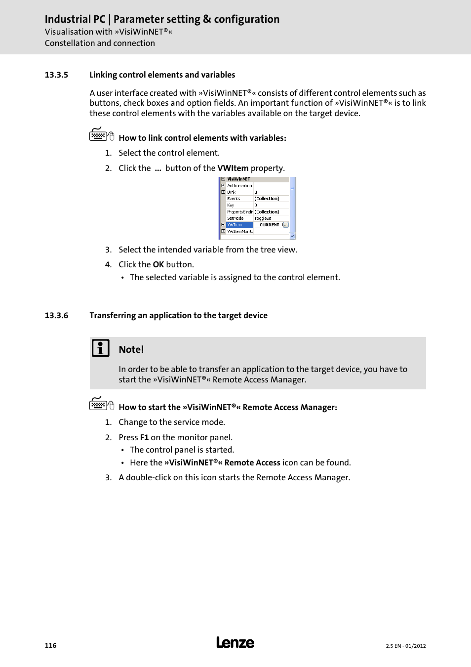 5 linking control elements and variables, 6 transferring an application to the target device, Linking control elements and variables | Lenze PC-based Automation Industrial PC User Manual | Page 116 / 226