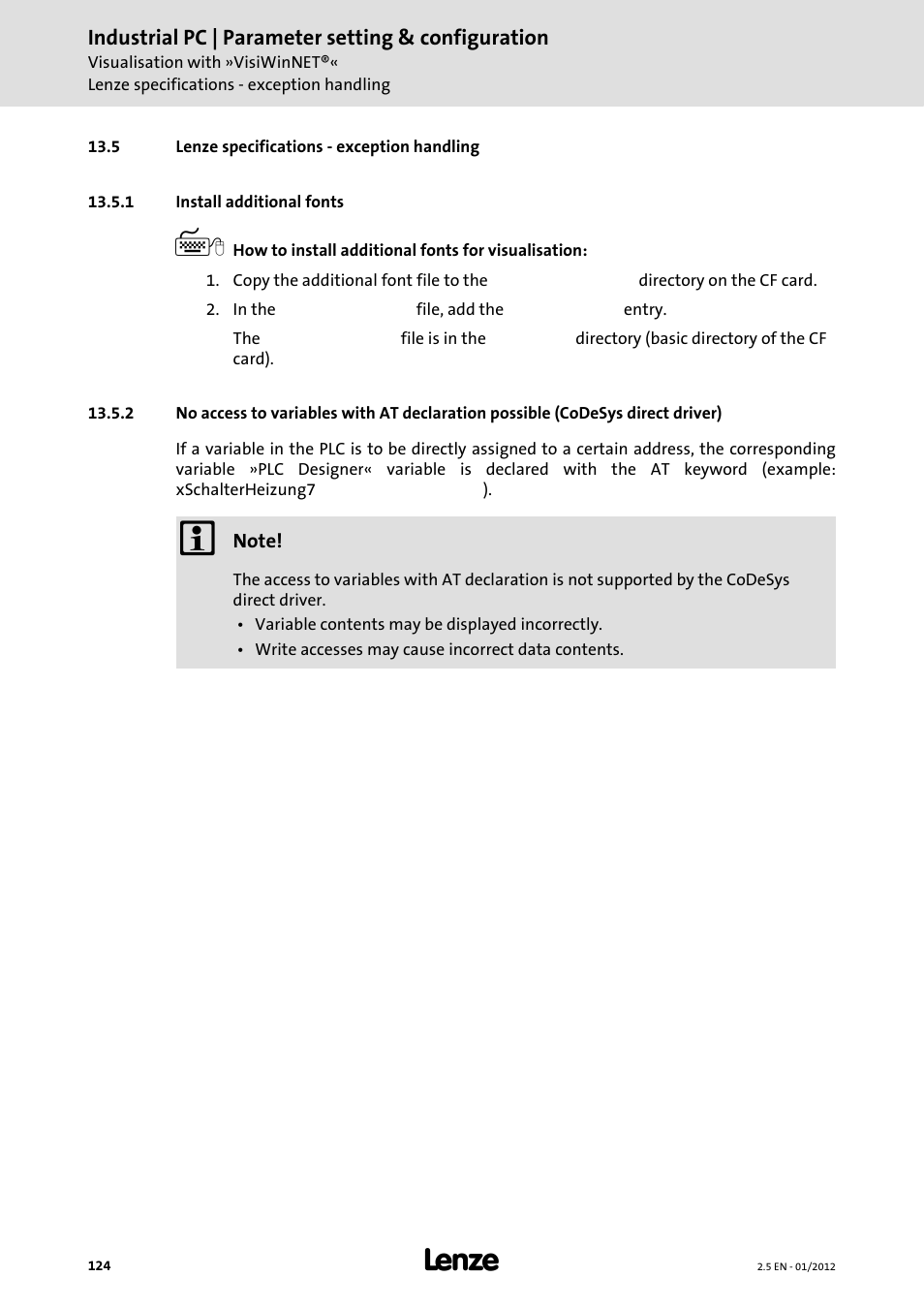 5 lenze specifications - exception handling, 1 install additional fonts | Lenze PC-based Automation Industrial PC User Manual | Page 124 / 226