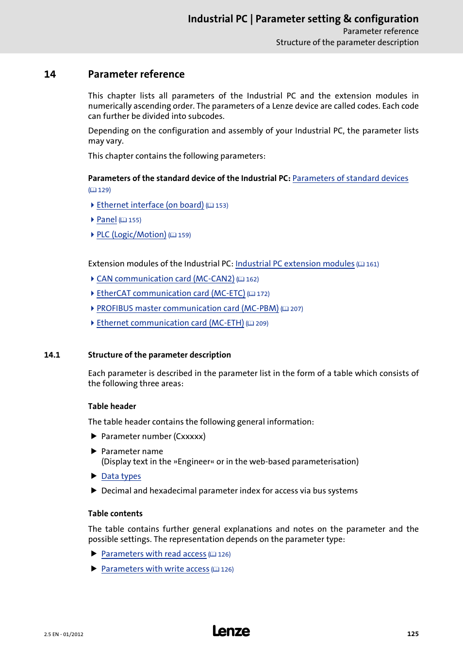 14 parameter reference, 1 structure of the parameter description, Parameter reference | In the chapter entitled, Parameter, Reference, Industrial pc | parameter setting & configuration | Lenze PC-based Automation Industrial PC User Manual | Page 125 / 226