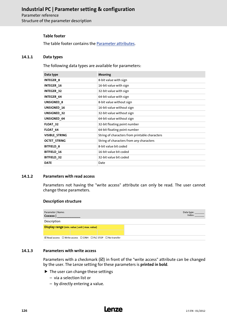 1 data types, 2 parameters with read access, 3 parameters with write access | Data types, Parameters with read access, Parameters with write access, Industrial pc | parameter setting & configuration | Lenze PC-based Automation Industrial PC User Manual | Page 126 / 226