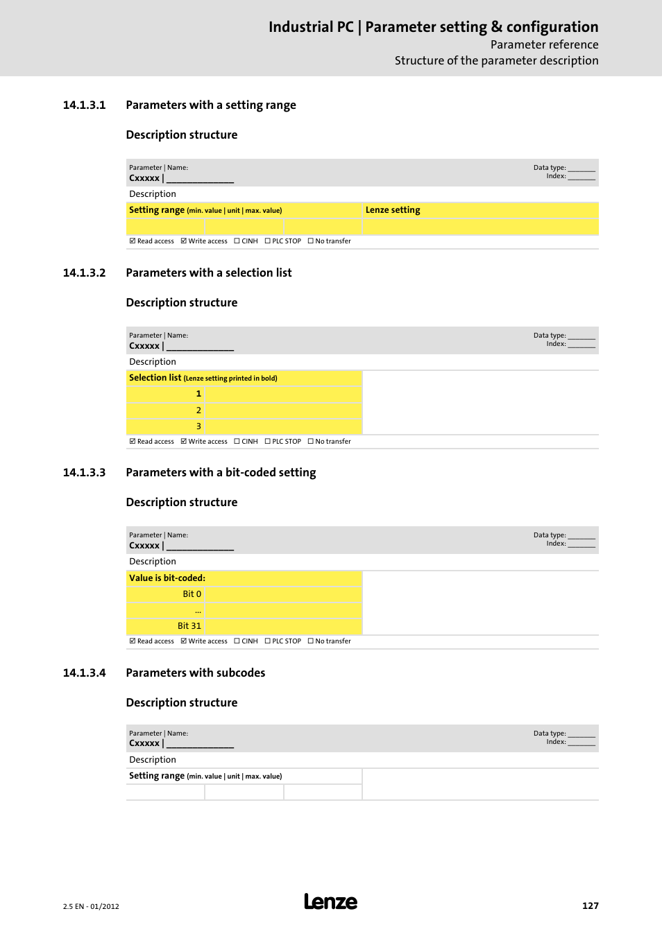 1 parameters with a setting range, 2 parameters with a selection list, 3 parameters with a bit-coded setting | 4 parameters with subcodes, Industrial pc | parameter setting & configuration | Lenze PC-based Automation Industrial PC User Manual | Page 127 / 226