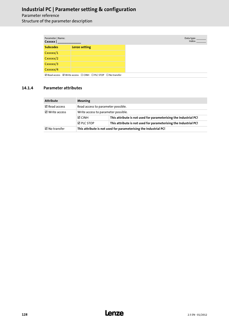 4 parameter attributes, Industrial pc | parameter setting & configuration | Lenze PC-based Automation Industrial PC User Manual | Page 128 / 226