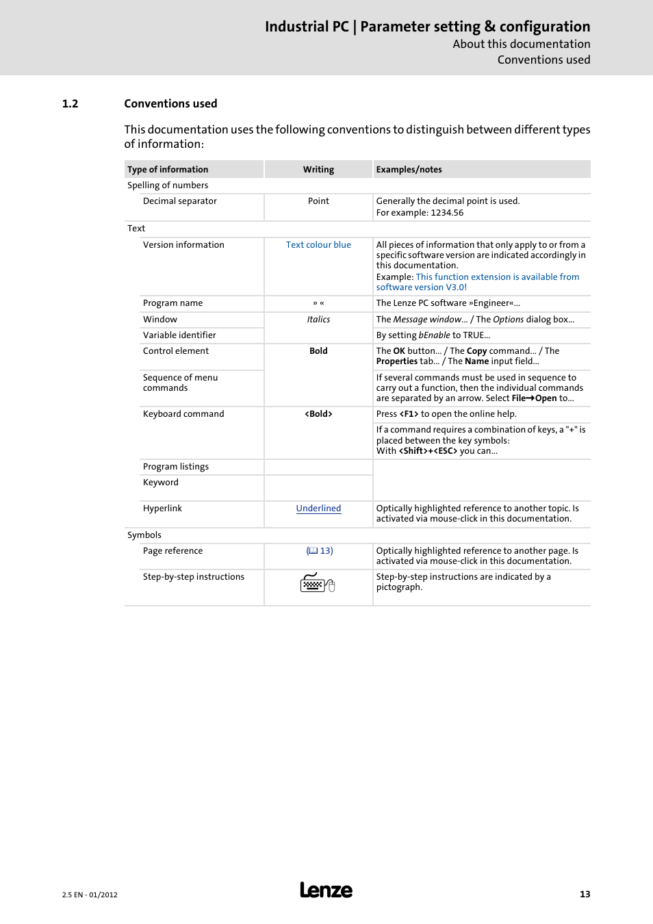 2 conventions used, Industrial pc | parameter setting & configuration | Lenze PC-based Automation Industrial PC User Manual | Page 13 / 226