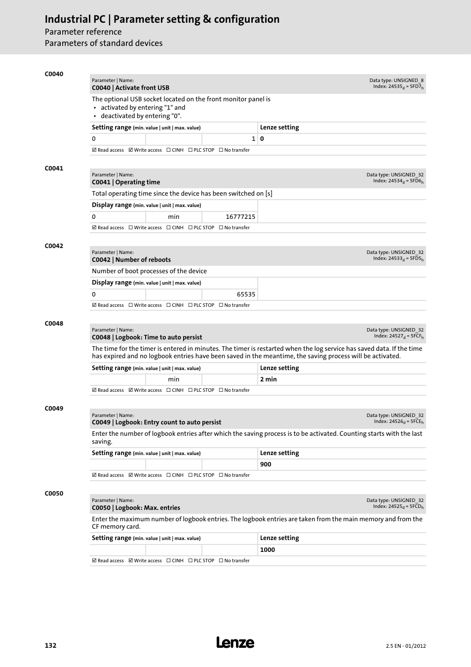 Industrial pc | parameter setting & configuration, Parameter reference parameters of standard devices | Lenze PC-based Automation Industrial PC User Manual | Page 132 / 226