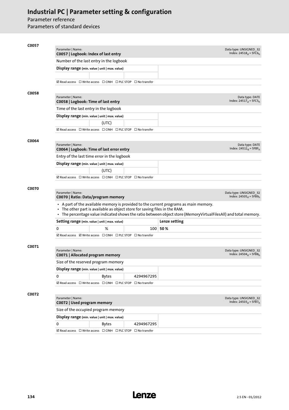 Industrial pc | parameter setting & configuration, Parameter reference parameters of standard devices | Lenze PC-based Automation Industrial PC User Manual | Page 134 / 226