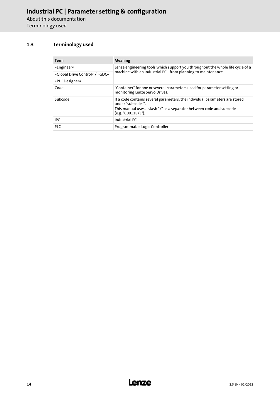 3 terminology used, Industrial pc | parameter setting & configuration | Lenze PC-based Automation Industrial PC User Manual | Page 14 / 226