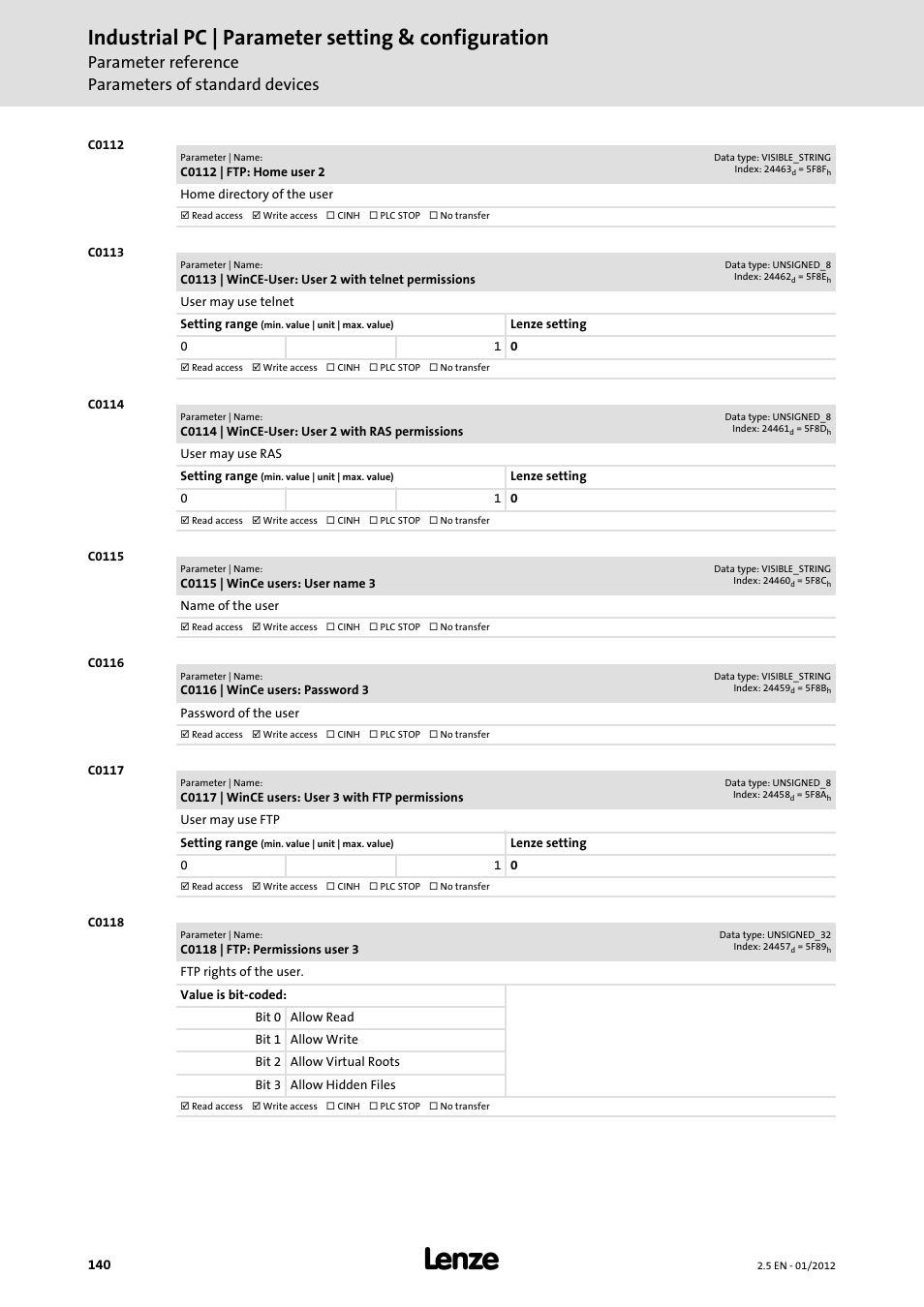Industrial pc | parameter setting & configuration, Parameter reference parameters of standard devices | Lenze PC-based Automation Industrial PC User Manual | Page 140 / 226