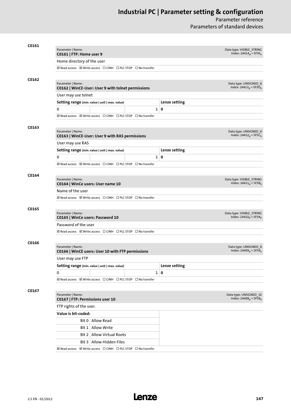 Industrial pc | parameter setting & configuration, Parameter reference parameters of standard devices | Lenze PC-based Automation Industrial PC User Manual | Page 147 / 226