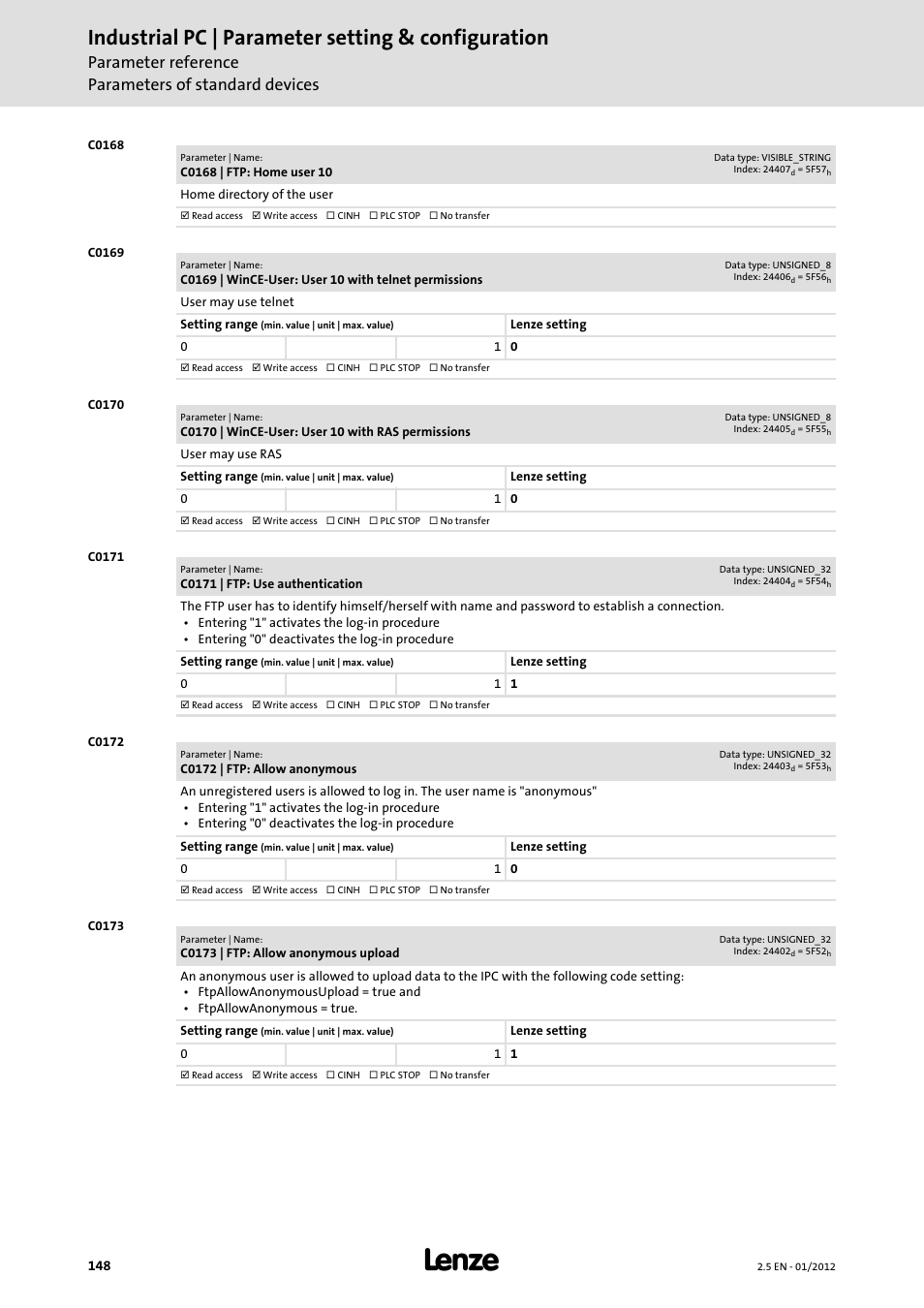 Industrial pc | parameter setting & configuration, Parameter reference parameters of standard devices | Lenze PC-based Automation Industrial PC User Manual | Page 148 / 226