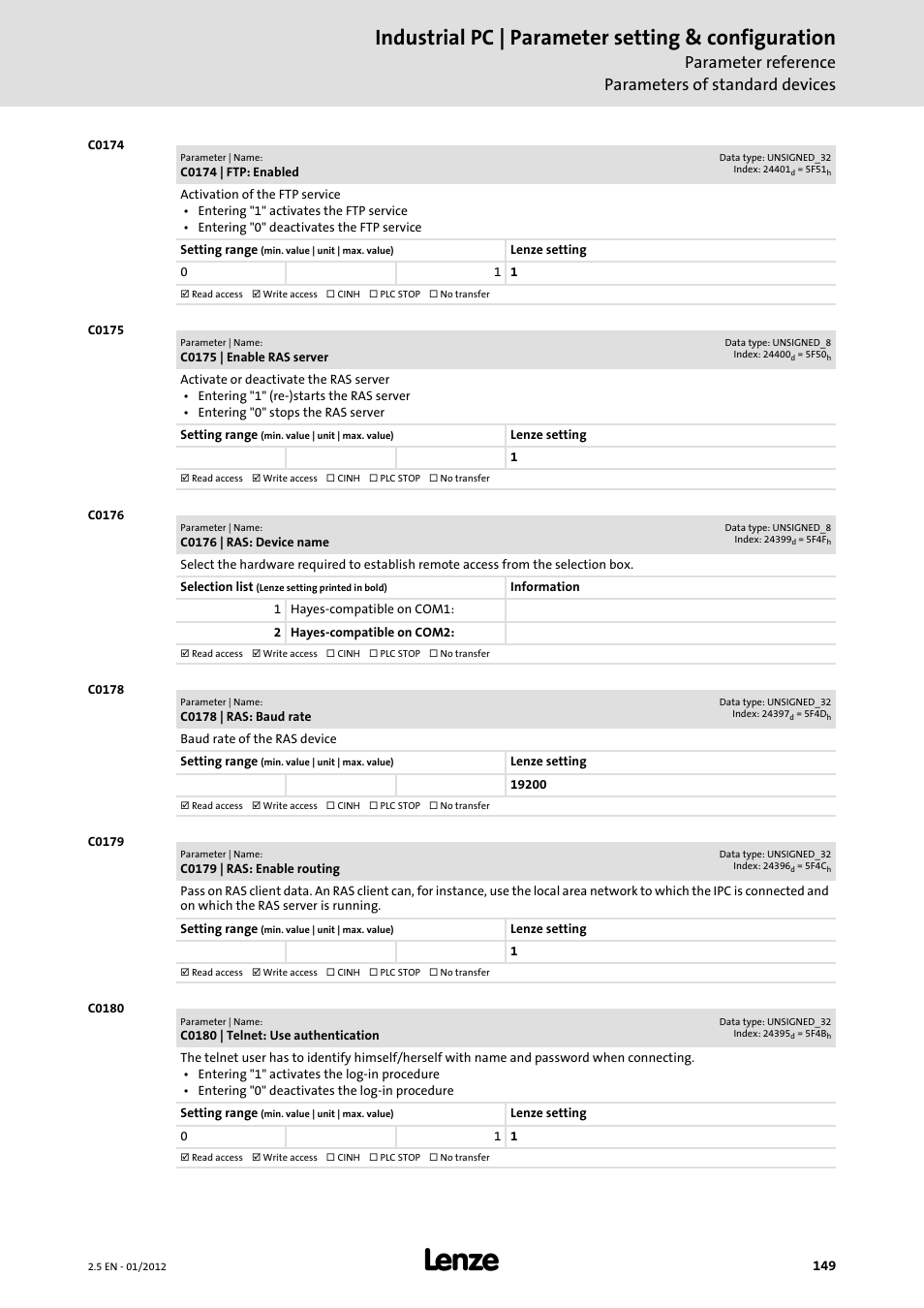 Industrial pc | parameter setting & configuration, Parameter reference parameters of standard devices | Lenze PC-based Automation Industrial PC User Manual | Page 149 / 226