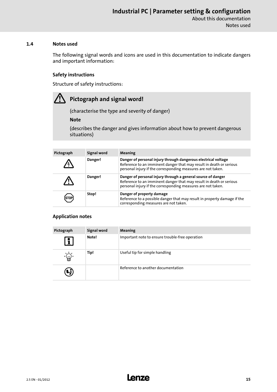 4 notes used, Industrial pc | parameter setting & configuration | Lenze PC-based Automation Industrial PC User Manual | Page 15 / 226