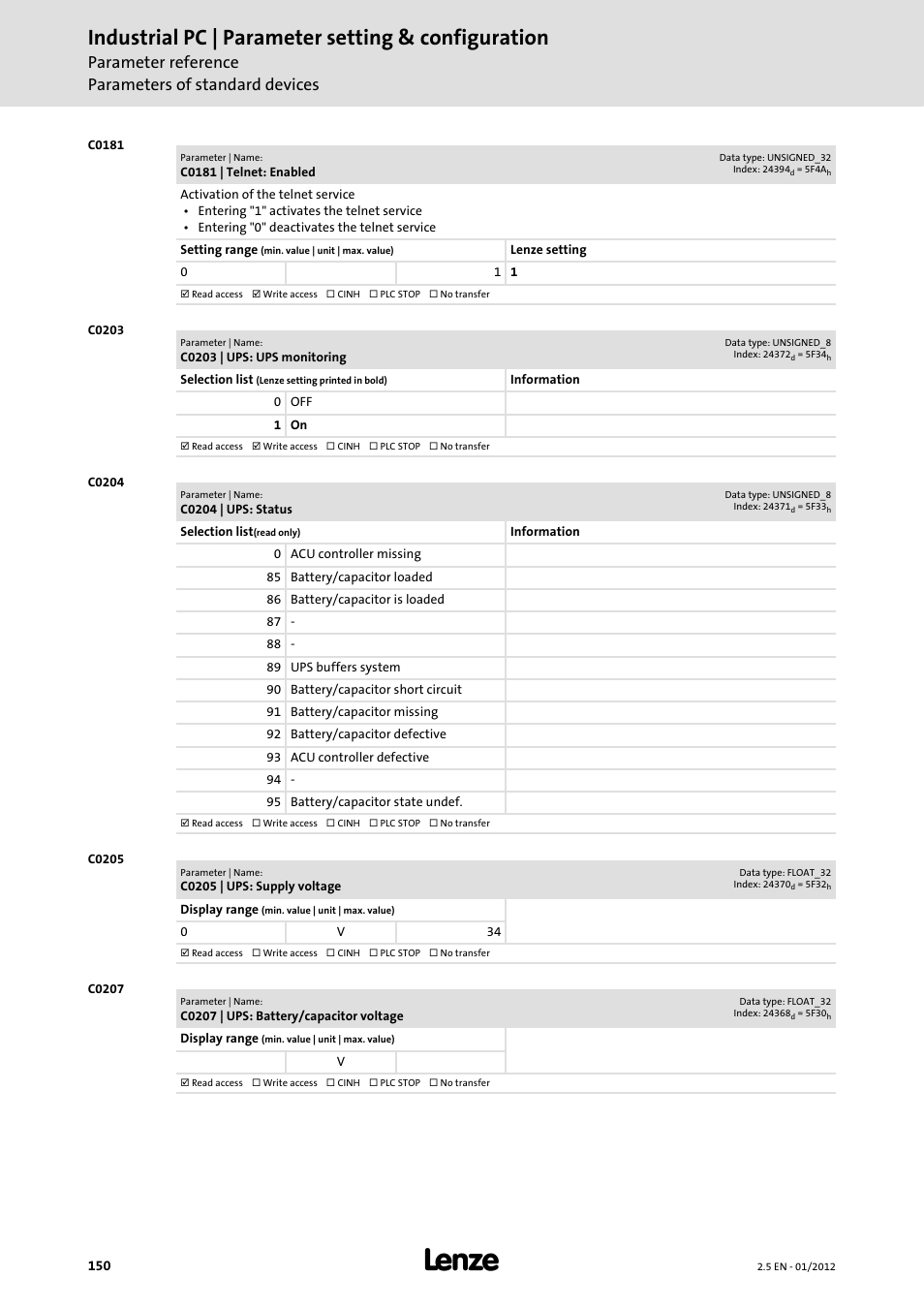 Industrial pc | parameter setting & configuration, Parameter reference parameters of standard devices | Lenze PC-based Automation Industrial PC User Manual | Page 150 / 226