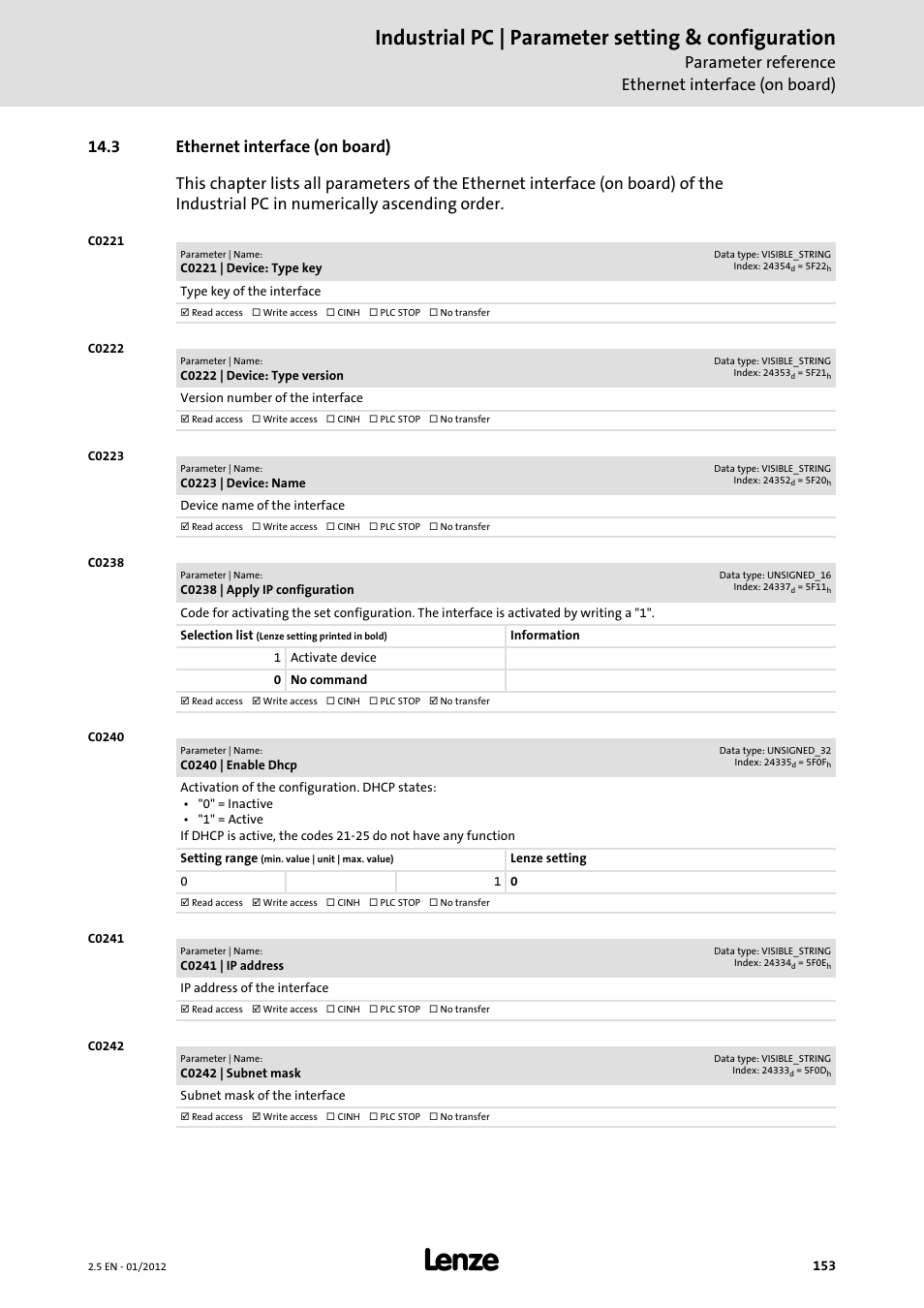 3 ethernet interface (on board), Ethernet interface (on board) ( 153), Ethernet interface (on board) | Industrial pc | parameter setting & configuration, Parameter reference ethernet interface (on board) | Lenze PC-based Automation Industrial PC User Manual | Page 153 / 226