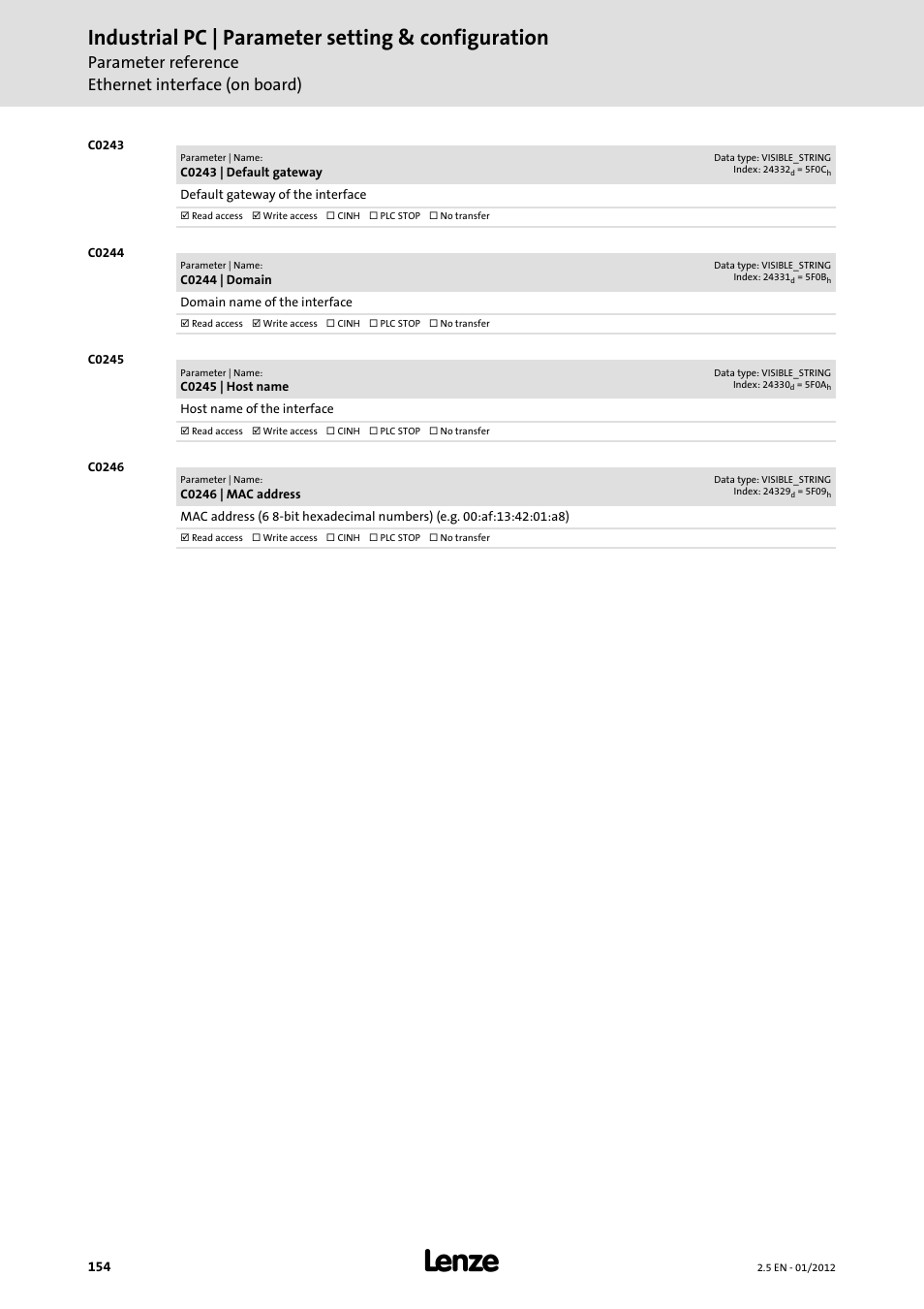 Industrial pc | parameter setting & configuration, Parameter reference ethernet interface (on board) | Lenze PC-based Automation Industrial PC User Manual | Page 154 / 226