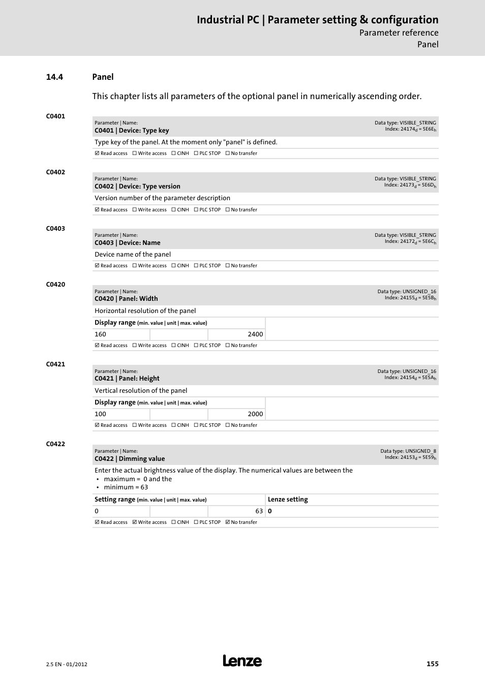 4 panel, C0422, Panel ( 155) | Panel, Industrial pc | parameter setting & configuration, Parameter reference panel | Lenze PC-based Automation Industrial PC User Manual | Page 155 / 226