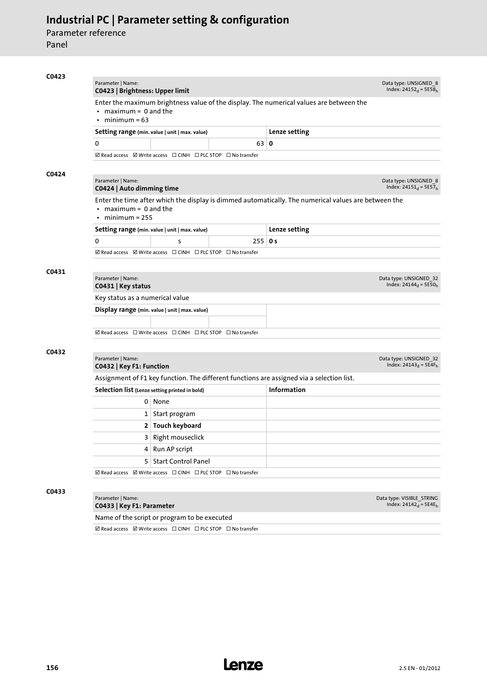 C0423, Industrial pc | parameter setting & configuration, Parameter reference panel | Lenze PC-based Automation Industrial PC User Manual | Page 156 / 226