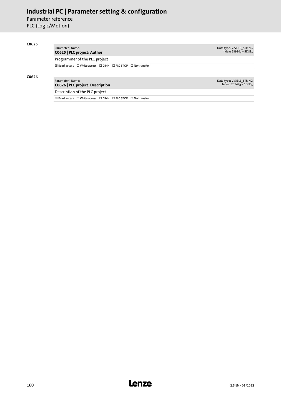 Industrial pc | parameter setting & configuration, Parameter reference plc (logic/motion) | Lenze PC-based Automation Industrial PC User Manual | Page 160 / 226