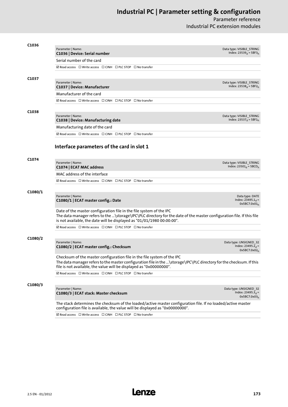 Industrial pc | parameter setting & configuration, Interface parameters of the card in slot 1 | Lenze PC-based Automation Industrial PC User Manual | Page 173 / 226