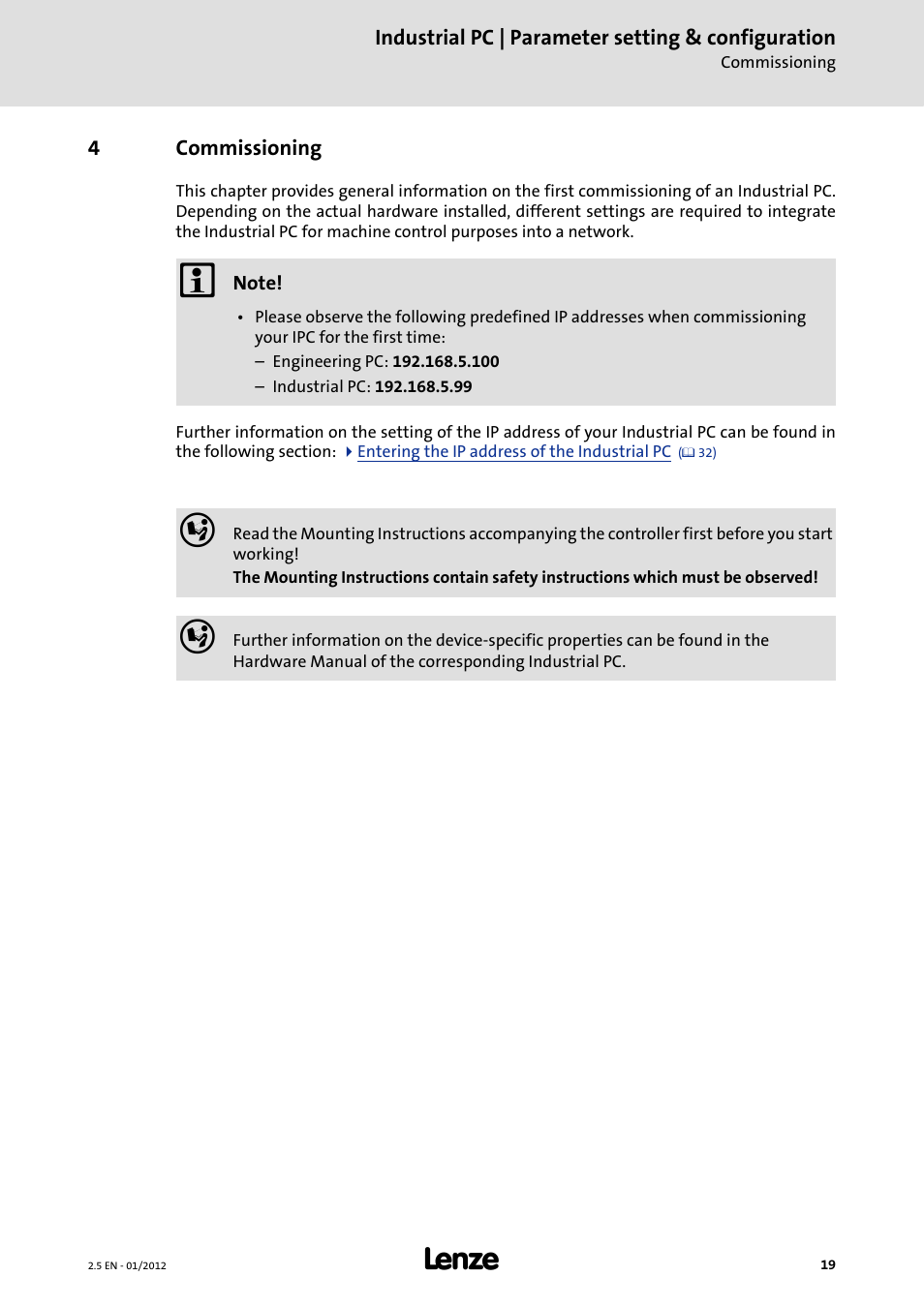 4 commissioning, Commissioning | Lenze PC-based Automation Industrial PC User Manual | Page 19 / 226