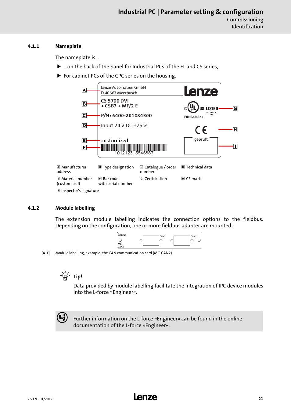 1 nameplate, 2 module labelling, Industrial pc | parameter setting & configuration | Lenze PC-based Automation Industrial PC User Manual | Page 21 / 226