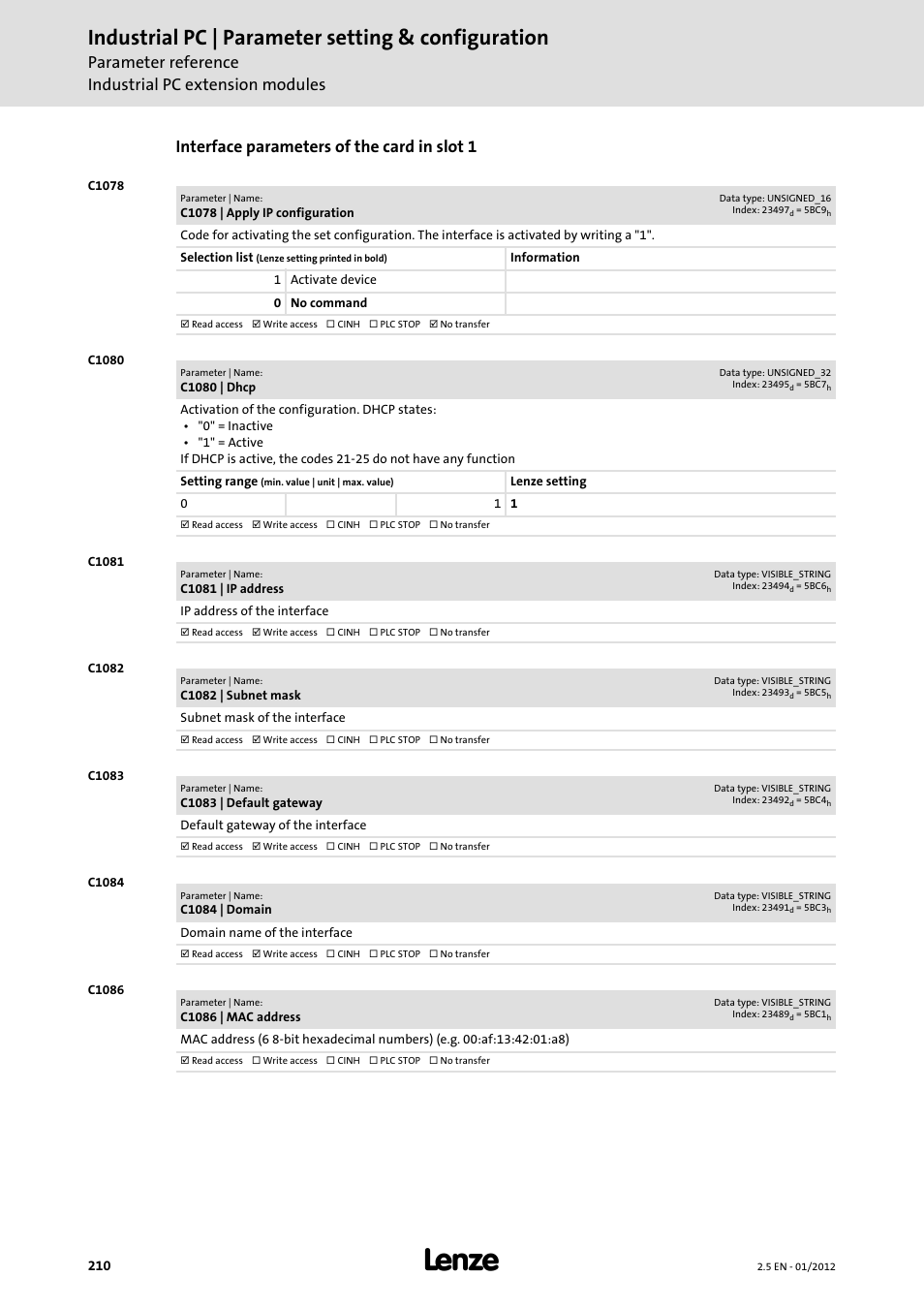 Industrial pc | parameter setting & configuration, Interface parameters of the card in slot 1 | Lenze PC-based Automation Industrial PC User Manual | Page 210 / 226