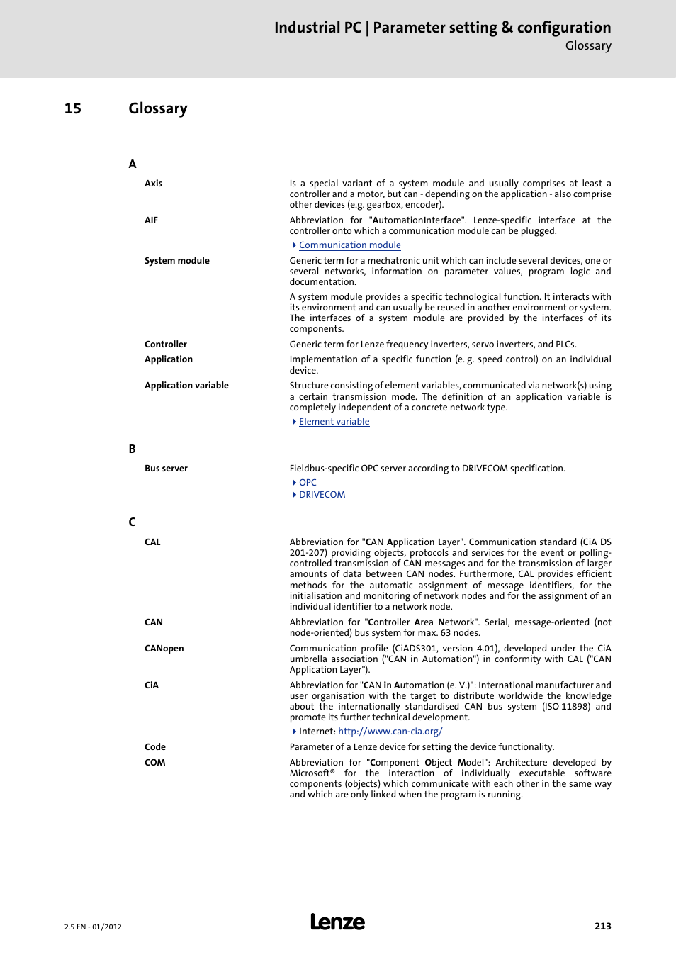 15 glossary, Glossary, Industrial pc | parameter setting & configuration | Lenze PC-based Automation Industrial PC User Manual | Page 213 / 226
