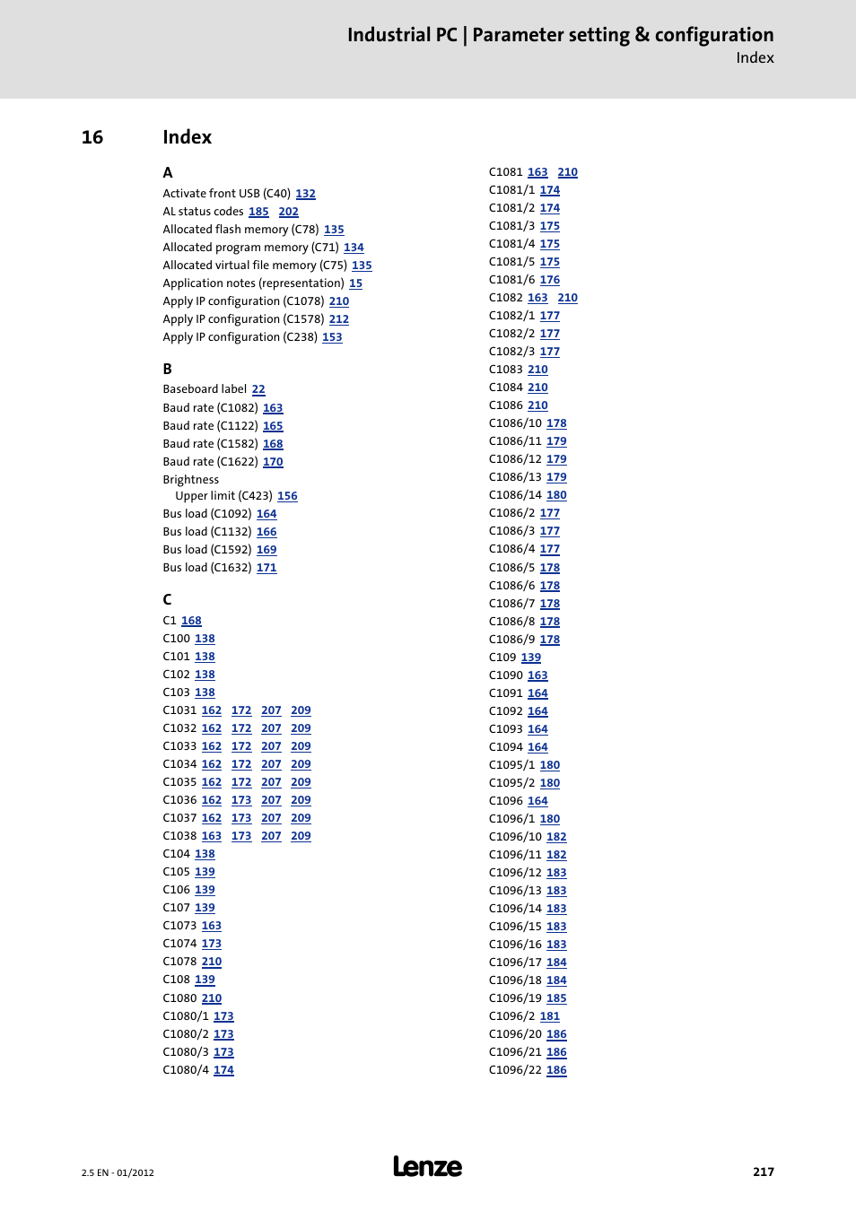 16 index, Index, Industrial pc | parameter setting & configuration | Lenze PC-based Automation Industrial PC User Manual | Page 217 / 226