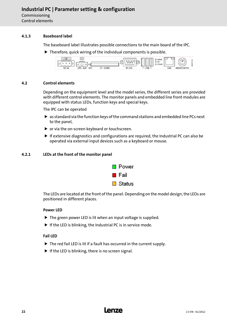 3 baseboard label, 2 control elements, 1 leds at the front of the monitor panel | Industrial pc | parameter setting & configuration | Lenze PC-based Automation Industrial PC User Manual | Page 22 / 226