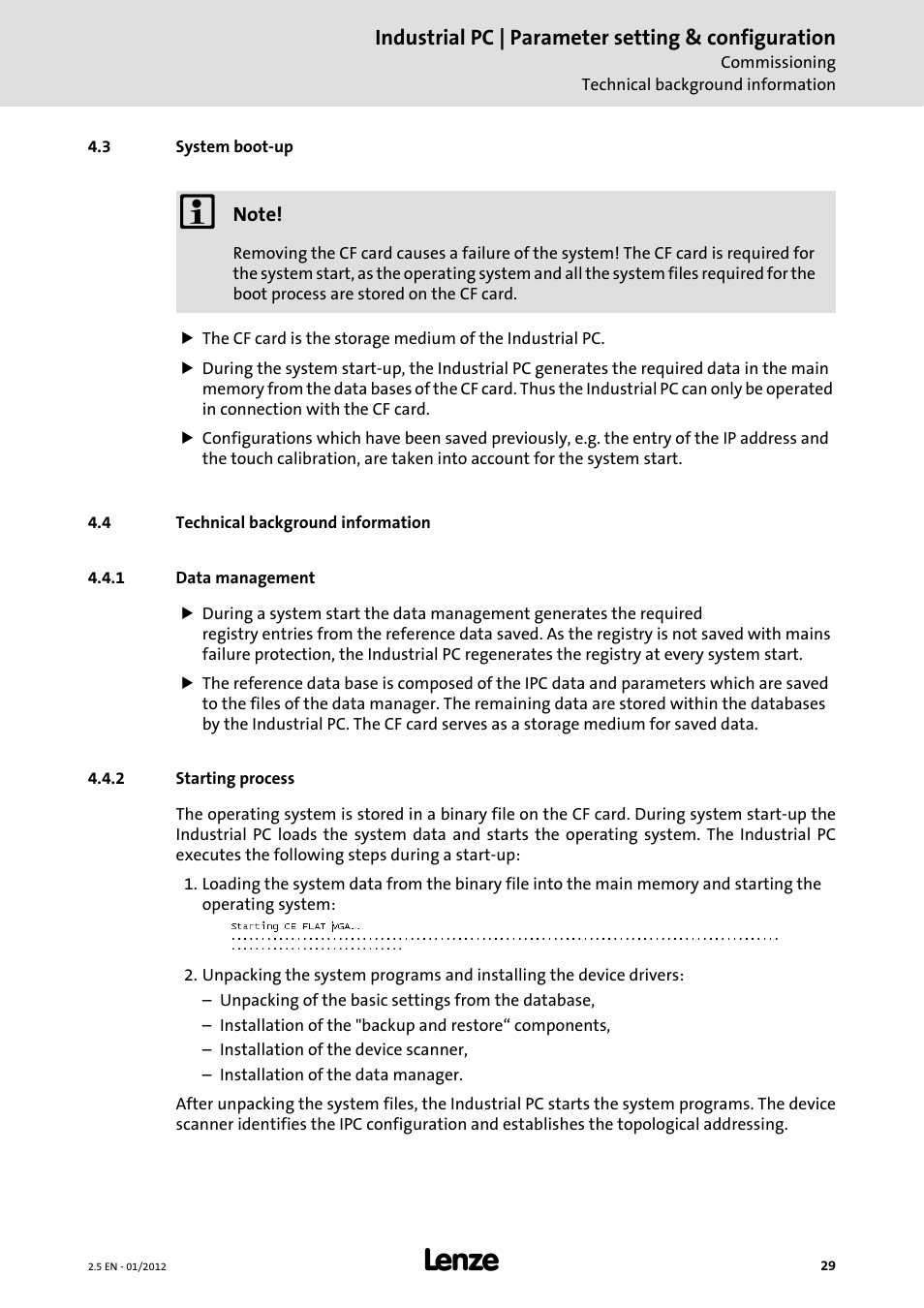 3 system boot-up, 4 technical background information, 1 data management | 2 starting process, 3 technical background information, 1 data management 4.3.2 starting process, Industrial pc | parameter setting & configuration | Lenze PC-based Automation Industrial PC User Manual | Page 29 / 226