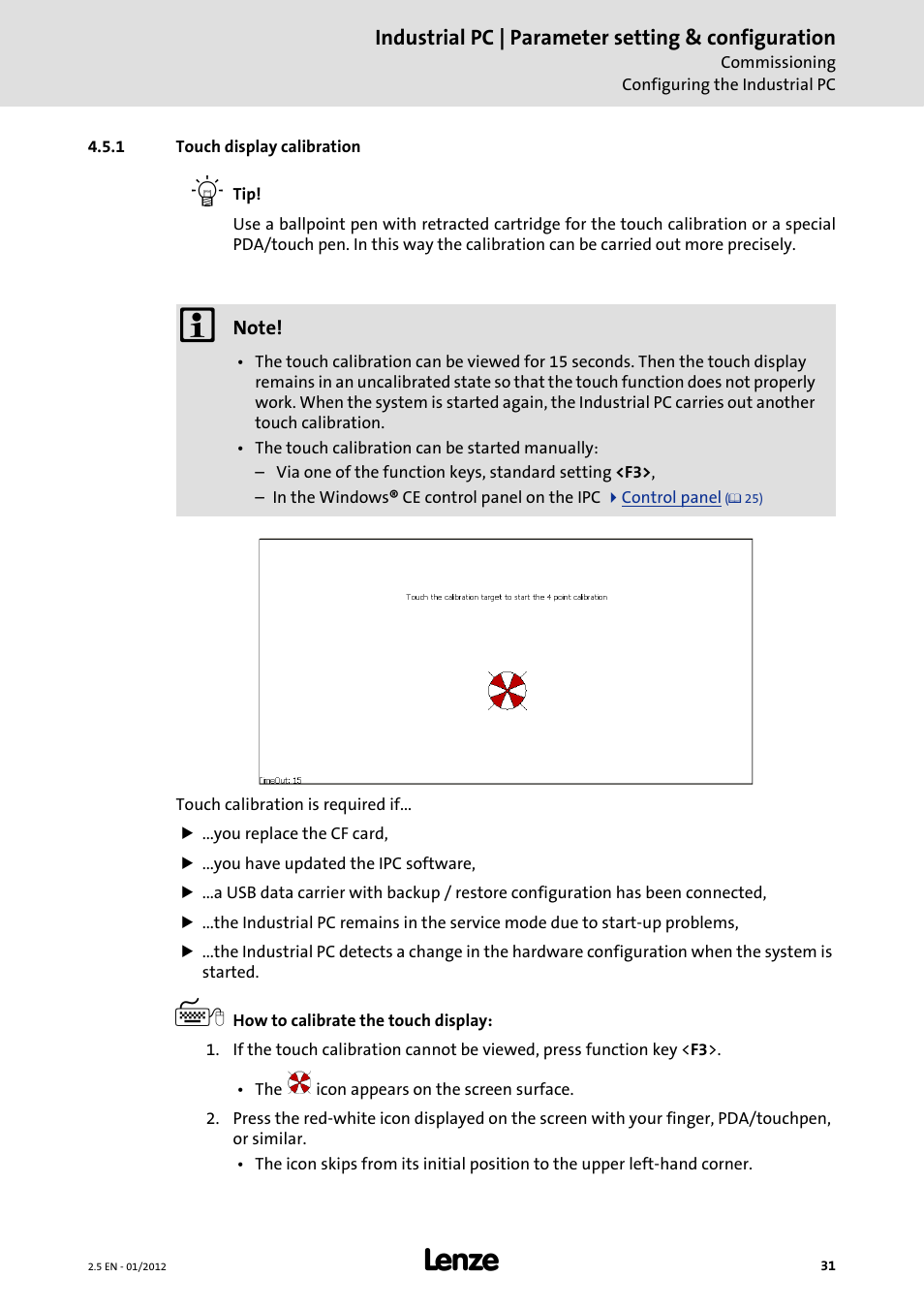 1 touch display calibration, Touch display calibration ( 31) | Lenze PC-based Automation Industrial PC User Manual | Page 31 / 226