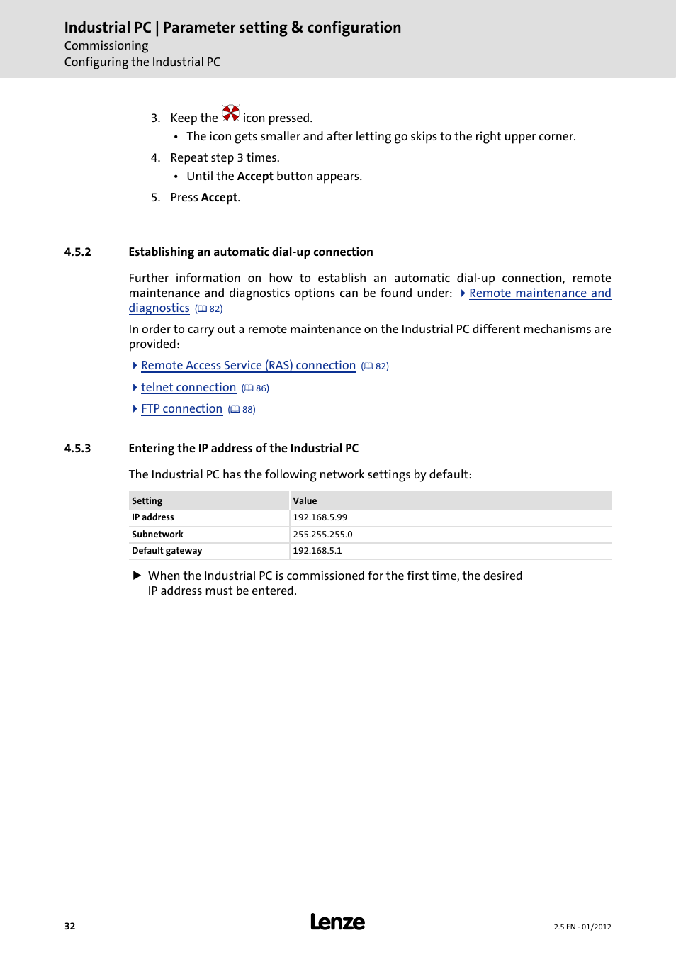 2 establishing an automatic dial-up connection, 3 entering the ip address of the industrial pc, Entering the ip address of the industrial pc | Industrial pc | parameter setting & configuration | Lenze PC-based Automation Industrial PC User Manual | Page 32 / 226