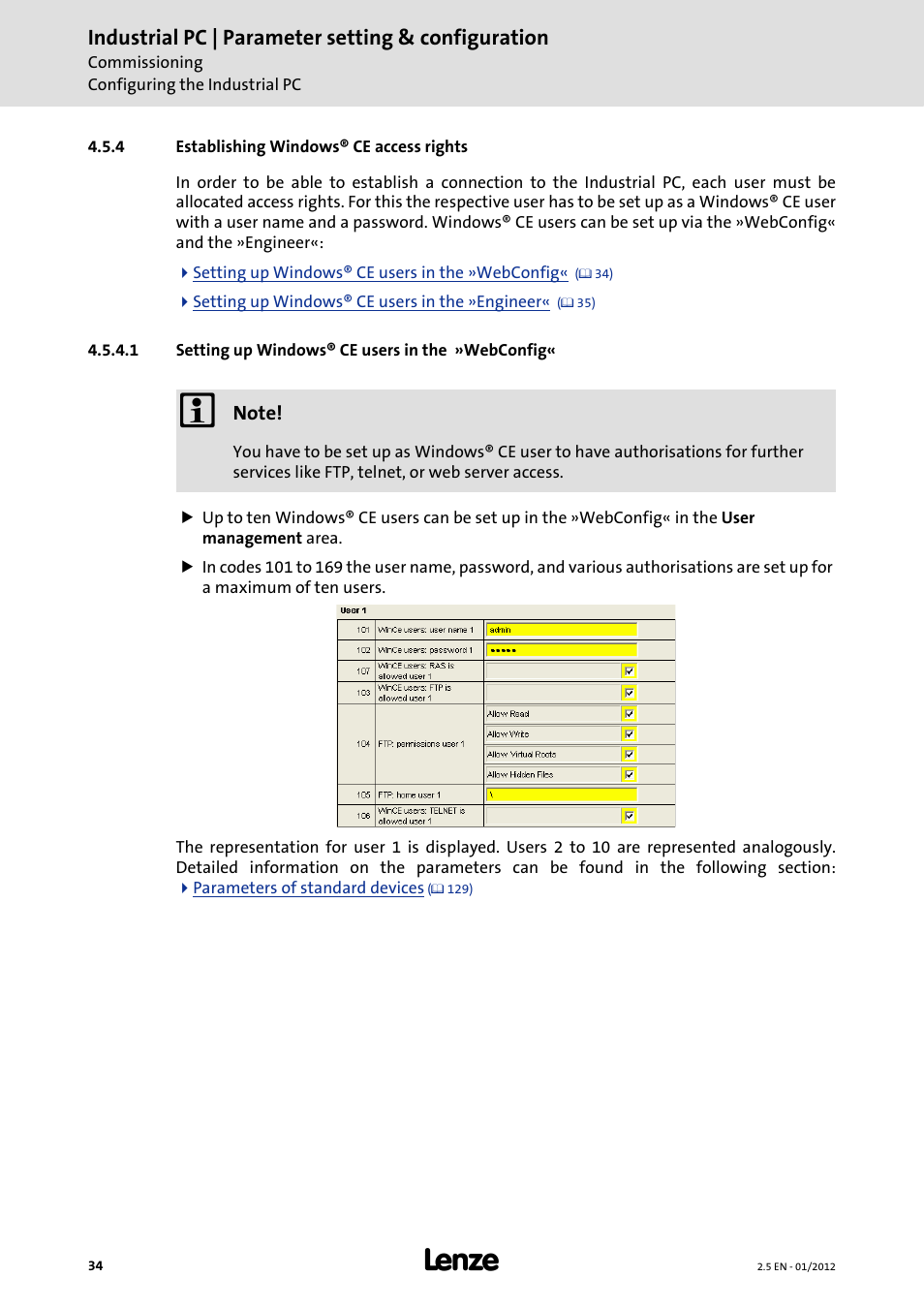 4 establishing windows® ce access rights, 1 setting up windows® ce users in the »webconfig, Setting up windows® ce users in the »webconfig | Industrial pc | parameter setting & configuration | Lenze PC-based Automation Industrial PC User Manual | Page 34 / 226