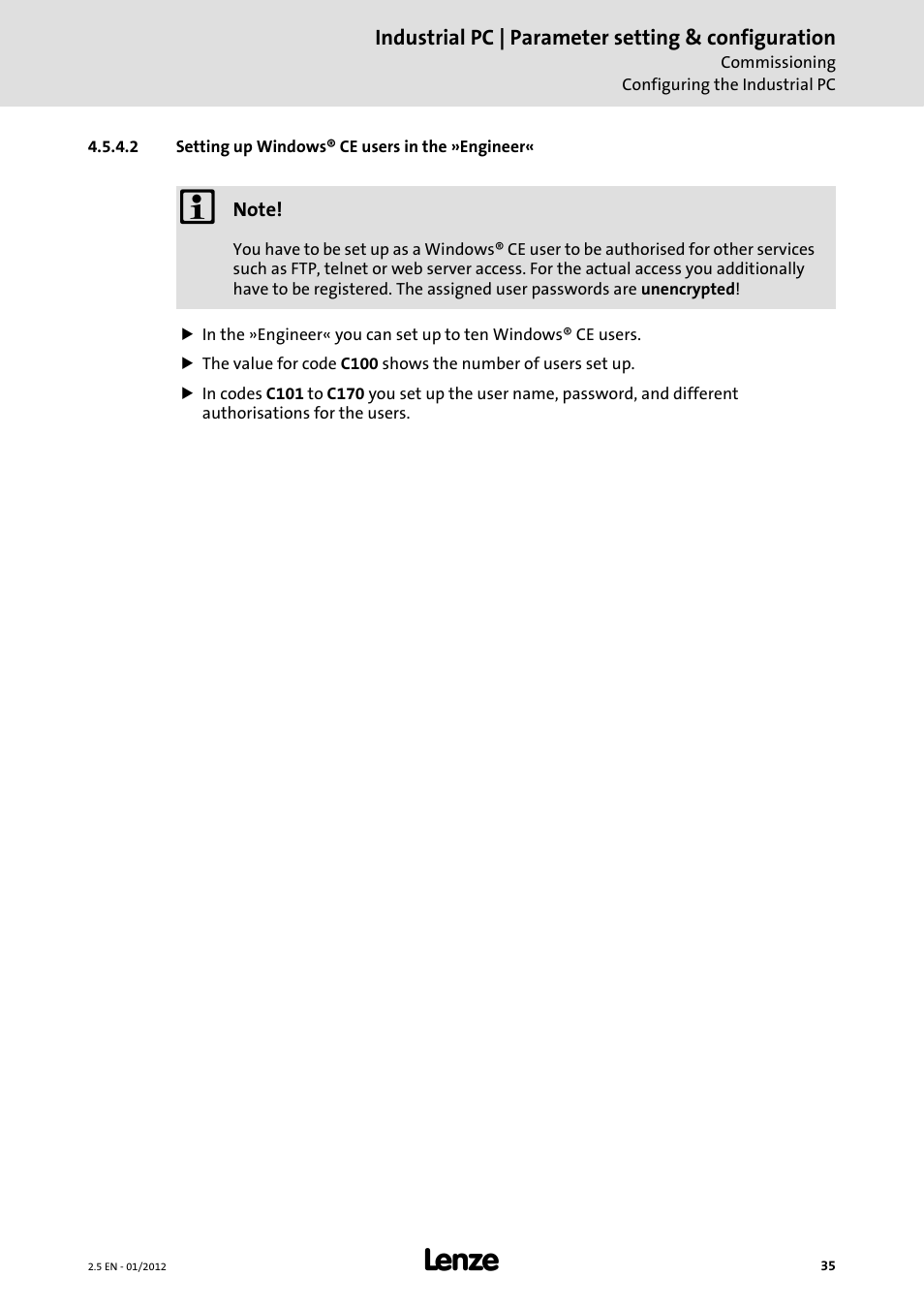 2 setting up windows® ce users in the »engineer, Setting up windows® ce users in the »engineer | Lenze PC-based Automation Industrial PC User Manual | Page 35 / 226