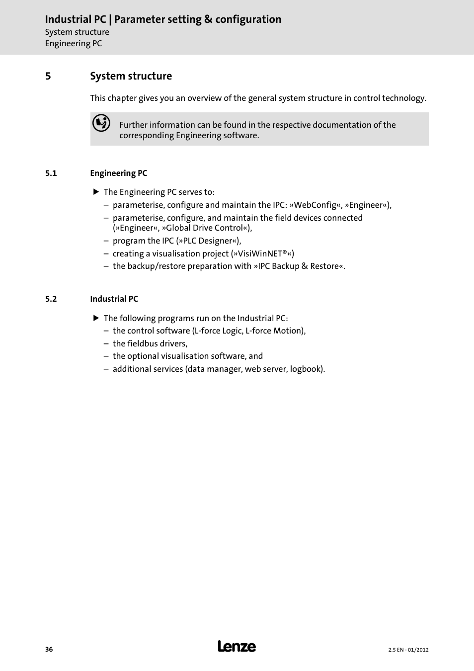 5 system structure, 1 engineering pc, 2 industrial pc | System structure | Lenze PC-based Automation Industrial PC User Manual | Page 36 / 226