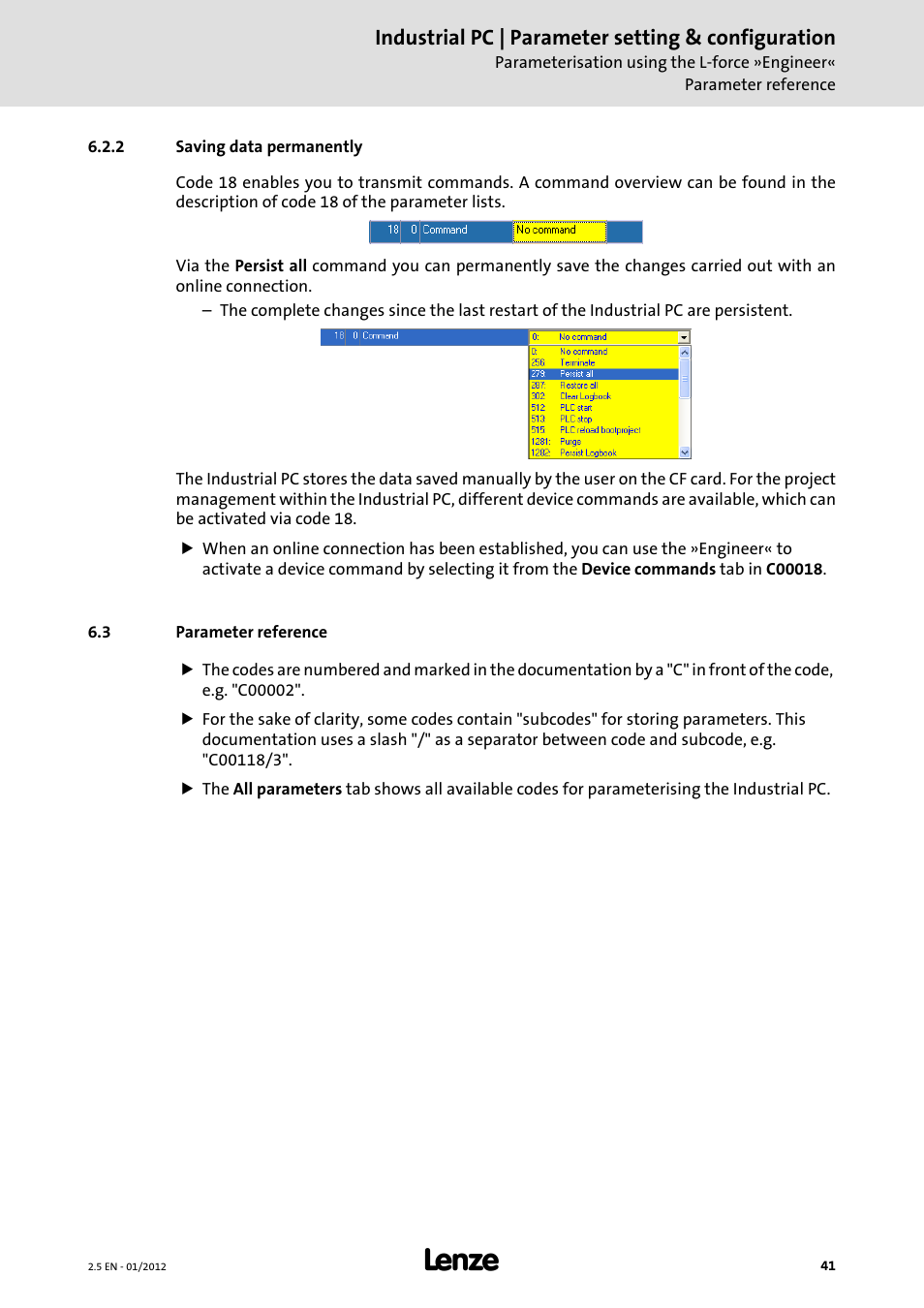 2 saving data permanently, 3 parameter reference, Industrial pc | parameter setting & configuration | Lenze PC-based Automation Industrial PC User Manual | Page 41 / 226