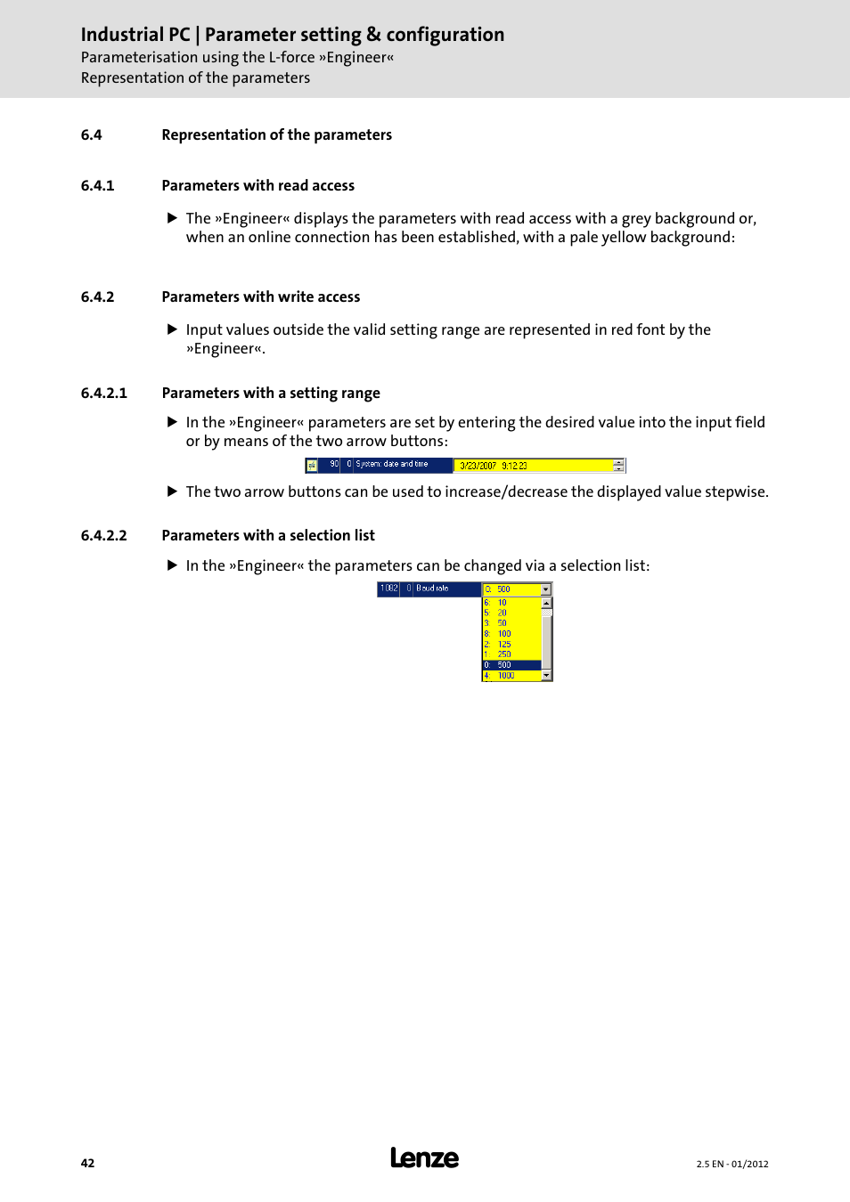 4 representation of the parameters, 1 parameters with read access, 2 parameters with write access | 1 parameters with a setting range, 2 parameters with a selection list, Parameters with a setting range, Parameters with a selection list, Industrial pc | parameter setting & configuration | Lenze PC-based Automation Industrial PC User Manual | Page 42 / 226