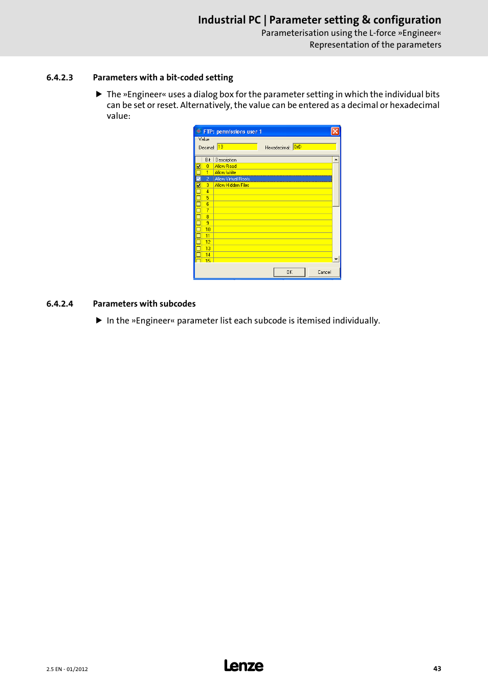 3 parameters with a bit-coded setting, 4 parameters with subcodes, Parameters with a bit-coded setting | Parameters with subcodes | Lenze PC-based Automation Industrial PC User Manual | Page 43 / 226