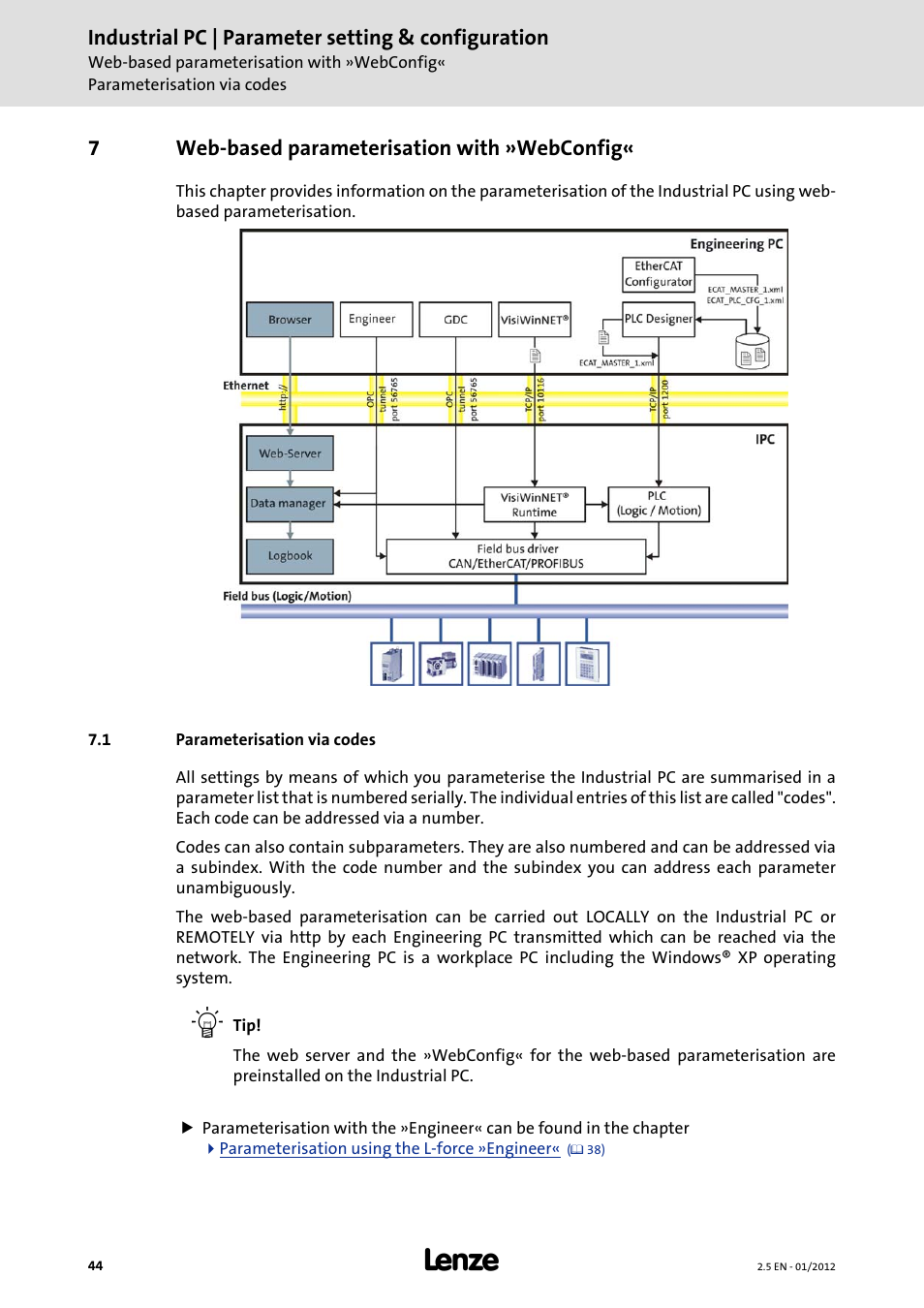 7 web-based parameterisation with »webconfig, 1 parameterisation via codes, Web-based parameterisation with »webconfig | Lenze PC-based Automation Industrial PC User Manual | Page 44 / 226