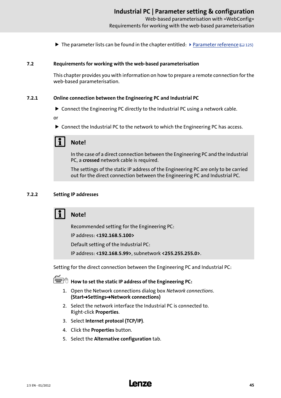 2 setting ip addresses, Setting ip addresses | Lenze PC-based Automation Industrial PC User Manual | Page 45 / 226