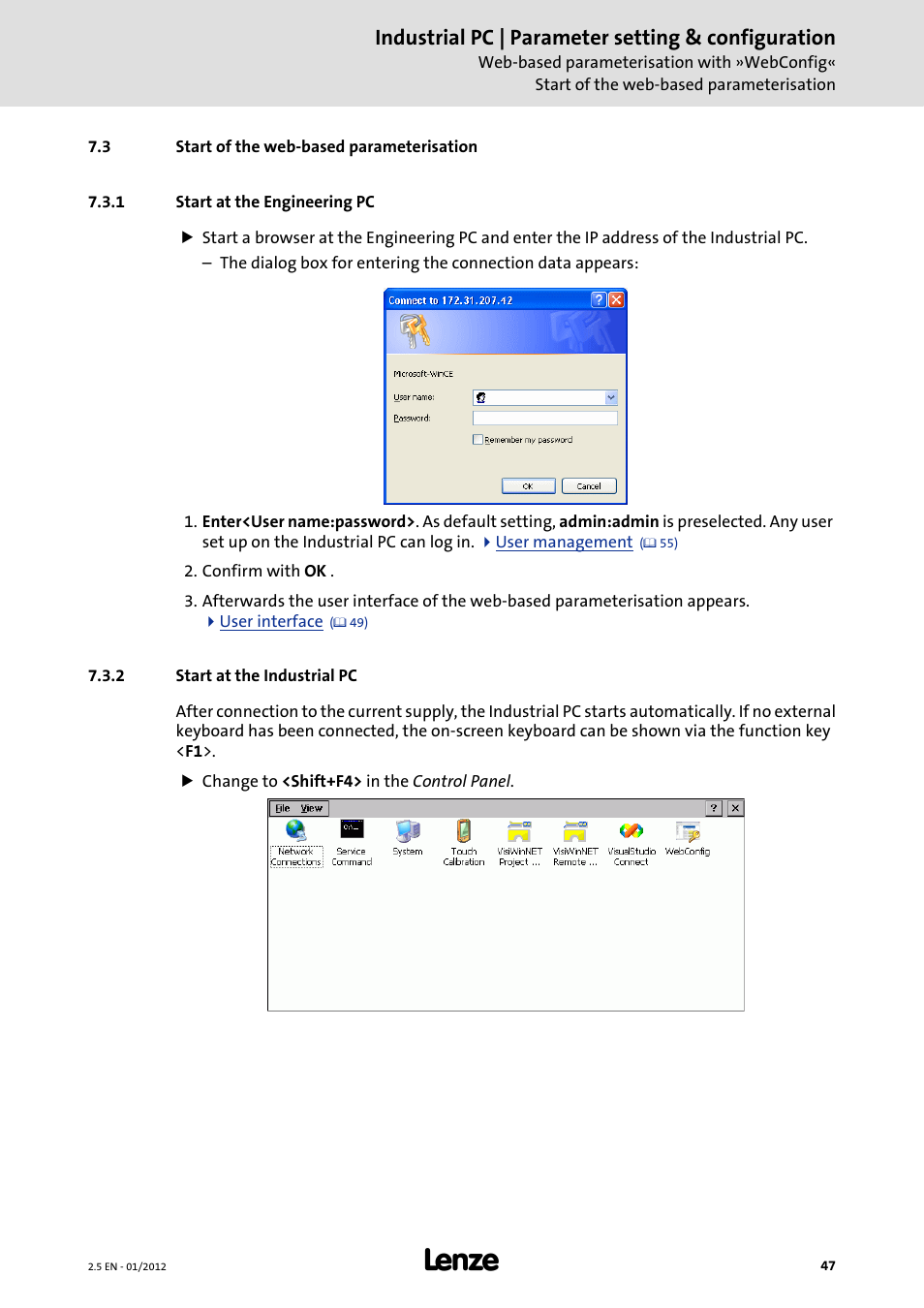 3 start of the web-based parameterisation, 1 start at the engineering pc, 2 start at the industrial pc | Industrial pc | parameter setting & configuration | Lenze PC-based Automation Industrial PC User Manual | Page 47 / 226