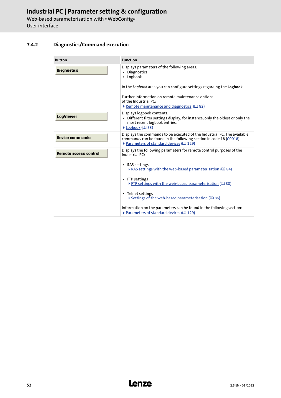 2 diagnostics/command execution, Diagnostics/command execution ( 52), Industrial pc | parameter setting & configuration | Lenze PC-based Automation Industrial PC User Manual | Page 52 / 226