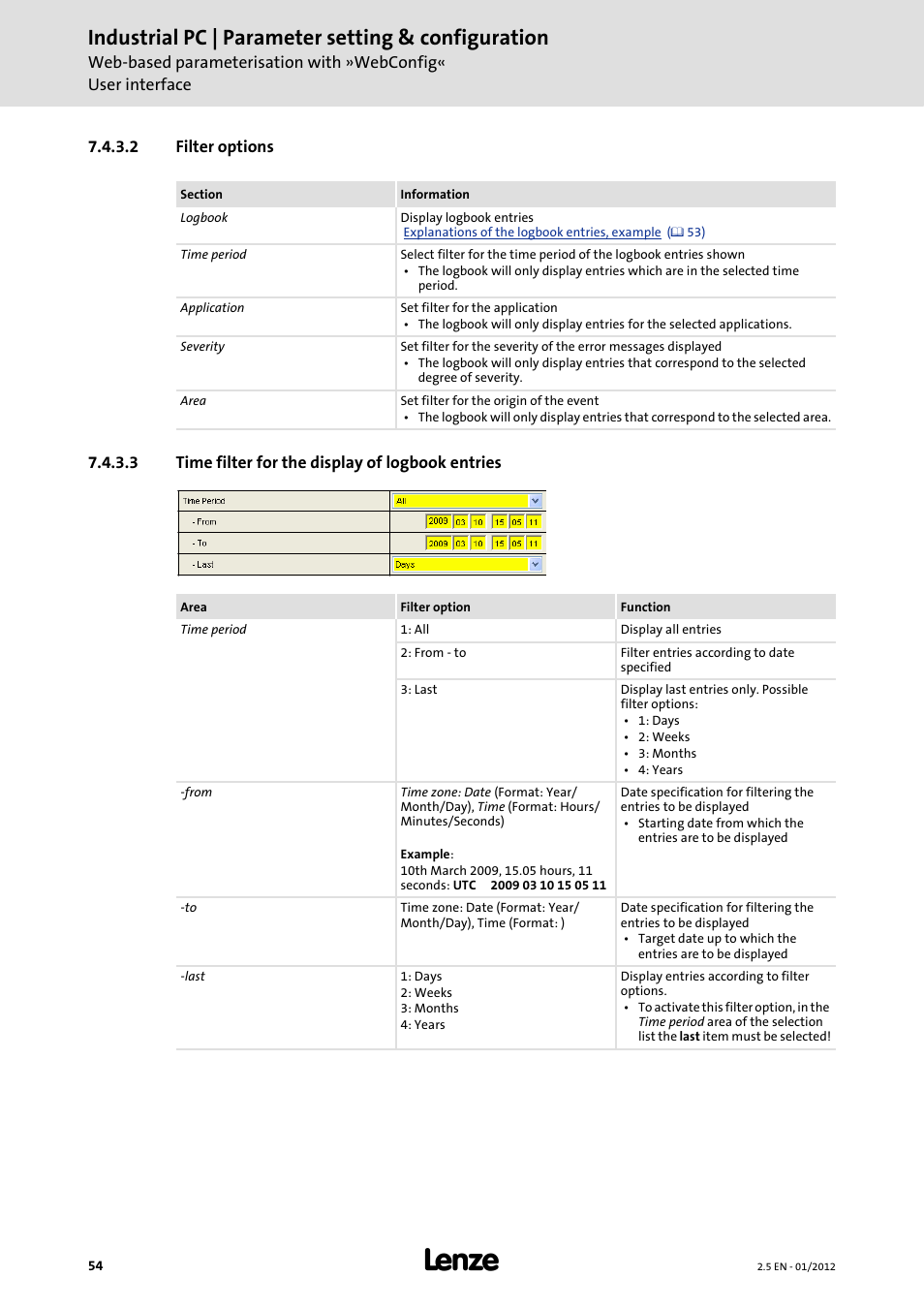 2 filter options, 3 time filter for the display of logbook entries, Filter options | Time filter for the display of logbook entries, Industrial pc | parameter setting & configuration | Lenze PC-based Automation Industrial PC User Manual | Page 54 / 226