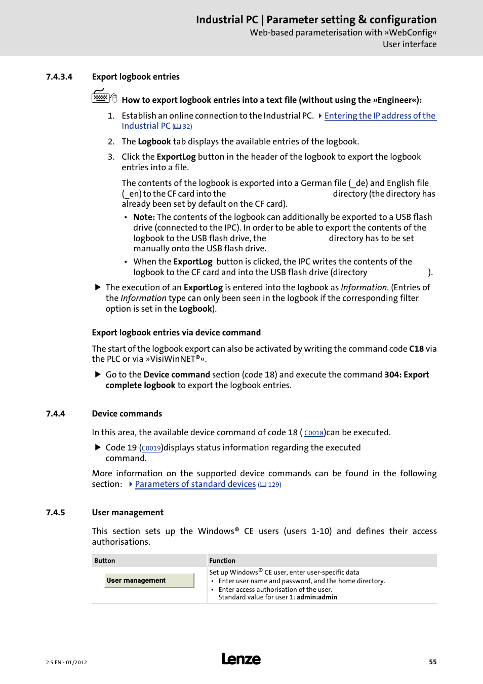 4 export logbook entries, 4 device commands, 5 user management | Export logbook entries, User management, User management ( 55), Industrial pc | parameter setting & configuration | Lenze PC-based Automation Industrial PC User Manual | Page 55 / 226