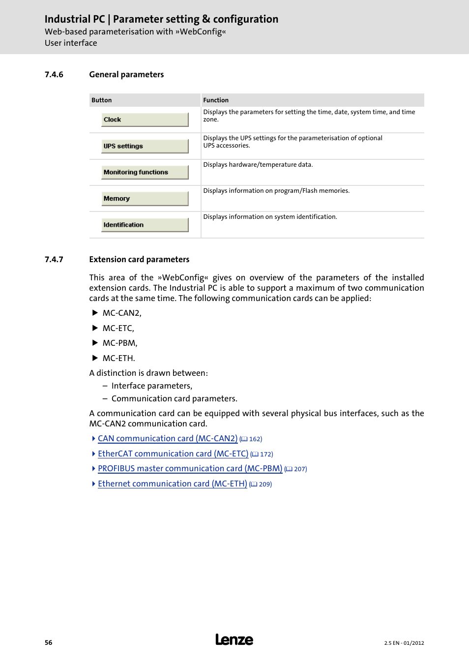 6 general parameters, 7 extension card parameters, General parameters ( 56) | Extension card parameters ( 56), Industrial pc | parameter setting & configuration | Lenze PC-based Automation Industrial PC User Manual | Page 56 / 226