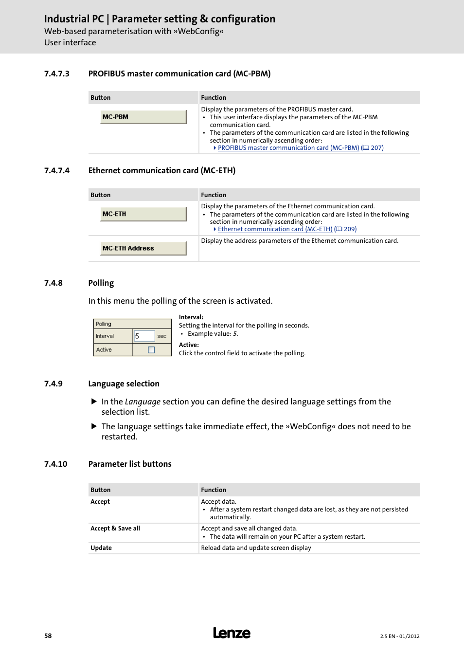 3 profibus master communication card (mc-pbm), 4 ethernet communication card (mc-eth), 8 polling | 9 language selection, 10 parameter list buttons, Profibus master communication card (mc-pbm), Ethernet communication card (mc-eth), Parameter list buttons, Polling ( 58), Language selection ( 58) | Lenze PC-based Automation Industrial PC User Manual | Page 58 / 226